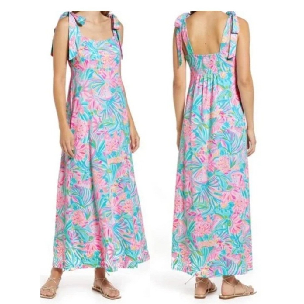 Lilly Pulitzer L Maleka Maxi Dress Tropical Floral Smock Resort Beach Pink Teal